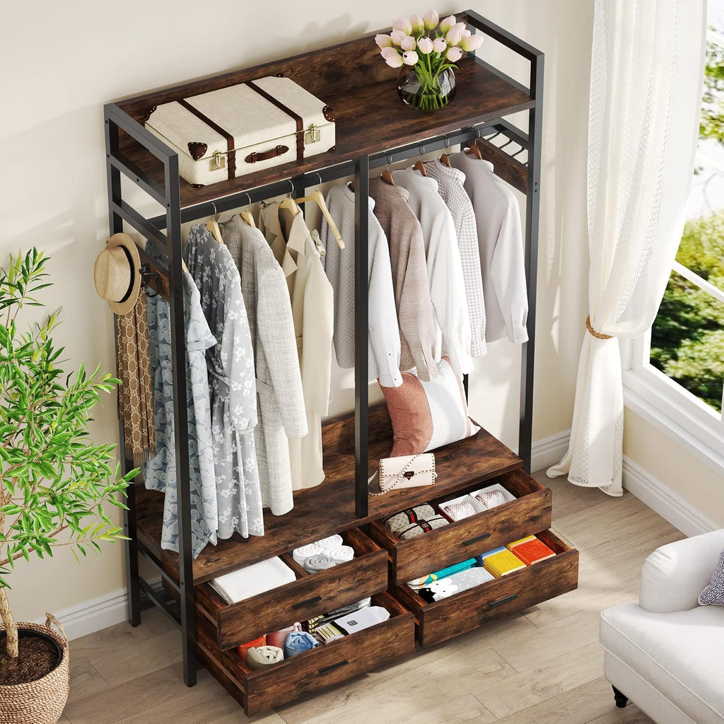 Freestanding Closet Organizer, Garment Rack with 4 Drawers | Heavy Duty Clothing Rack, Open Wardrobe Closet , 8 Hooks