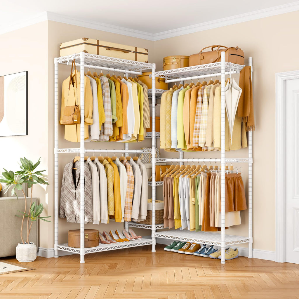 E4L L-shaped Clothing Rack for Corner, Heavy-Duty Freestanding Garment Rack, Metal Clothes Storage Organizer System