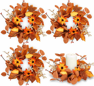 Fall Floral Candle Rings Wreaths Autumn Flower Rings for Centerpieces Harvest Pumpkins Wreath Mini Thanksgiving - Set of 4
