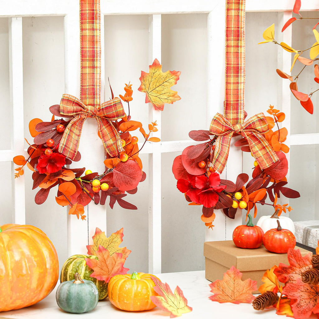 2 Pcs 9 Inch Small Fall Wreath for Cabinet Mini Fall Wreath