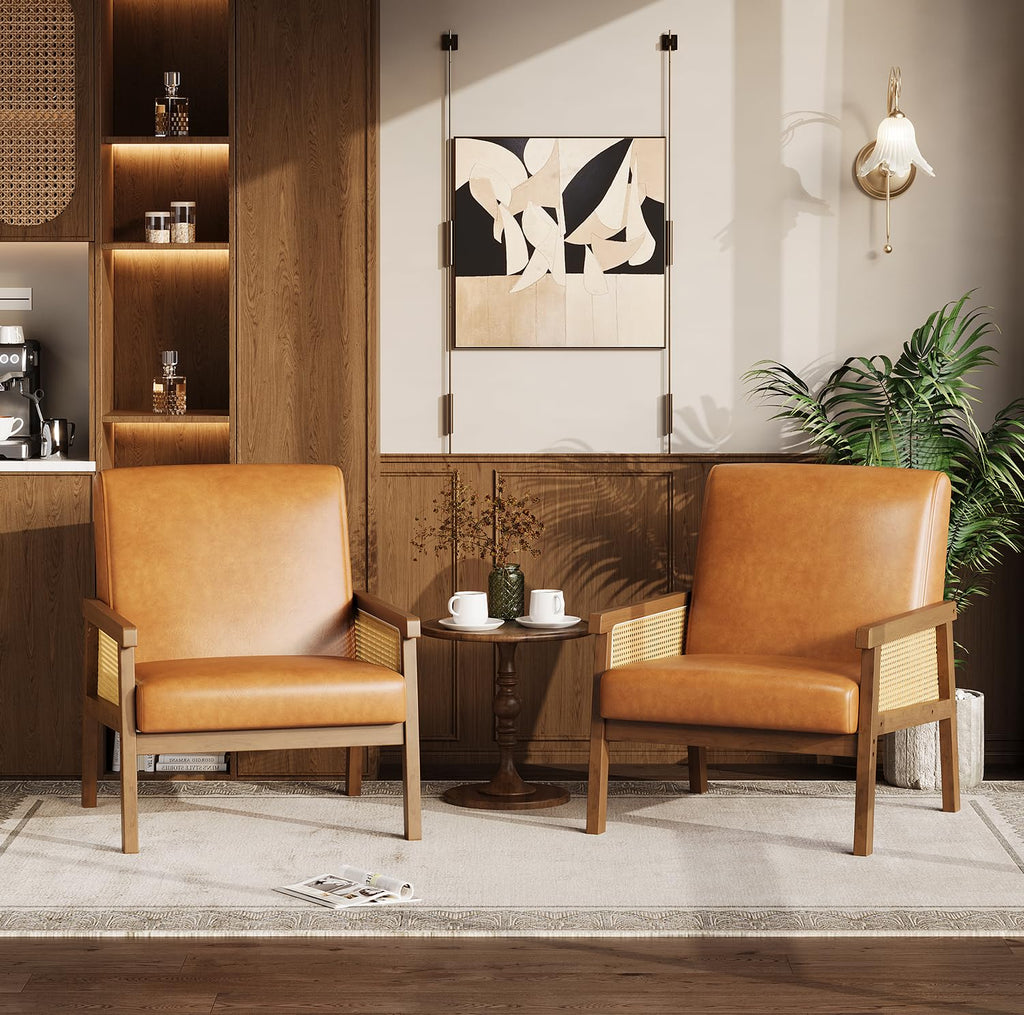 Rattan Accent Chair with Wooden Frame and High Back, Brown