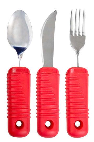 3 Piece Easy Grip Red Utensil Set - Bendable Fork, and Spoon, Strong Knife
