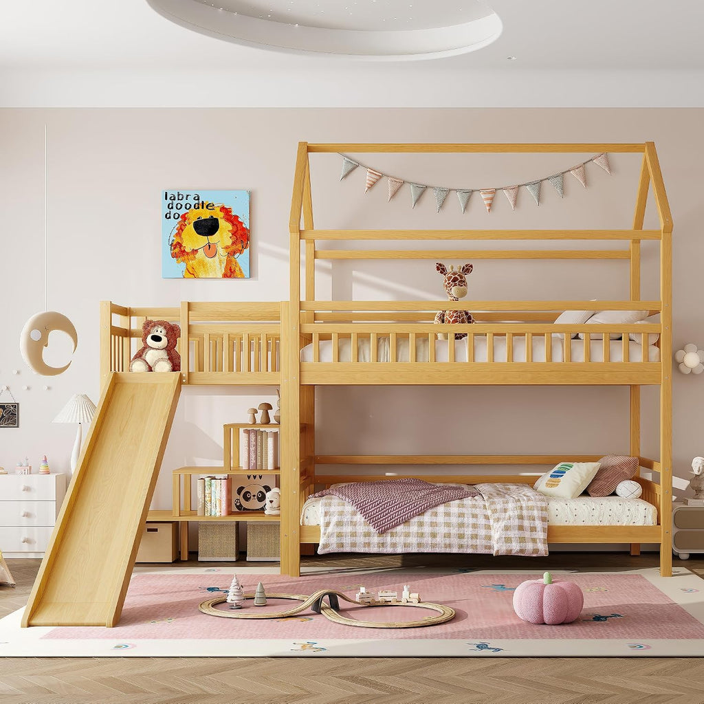 Twin over Twin Bunk Bed with Playhouse Design Roof, House Bunk Beds with Storage Stairs & Slide, Wood Bunkbed for Kids