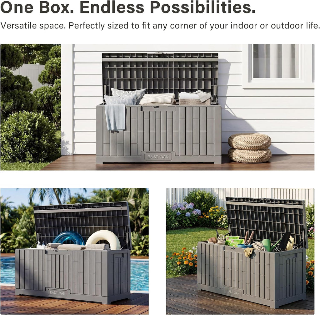 Outdoor Storage Box, 100 Gallon Deck Box, Waterproof Resin Storage Bench Cushions, Gardening Tools, Pool Toys