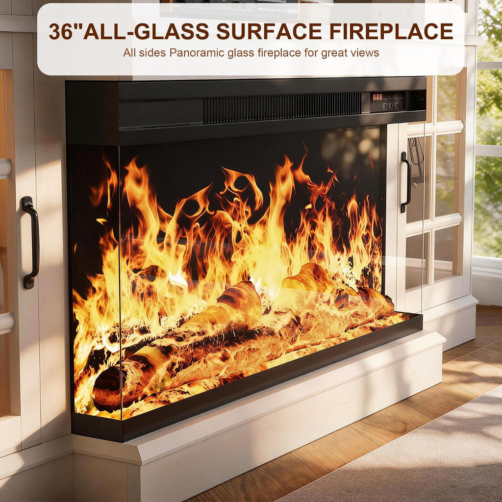 70" Fireplace TV Stand, 3-Sided Glass Fireplace and Modern Entertainment Center, Wooden Media Console with Glass