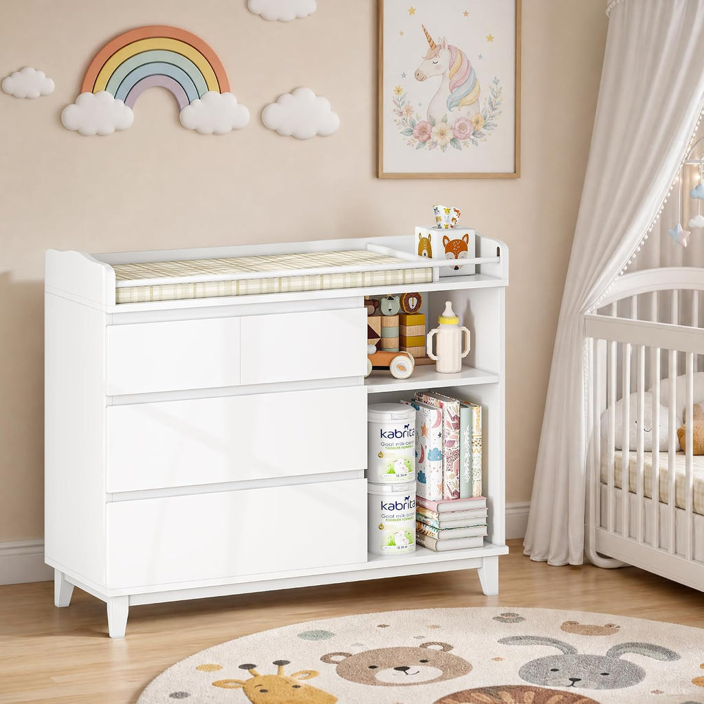 Baby Changing Table with 4 Drawers & 2 Open Shelves, Multi-Functional Nursery Changing Station with Storage, Pearl