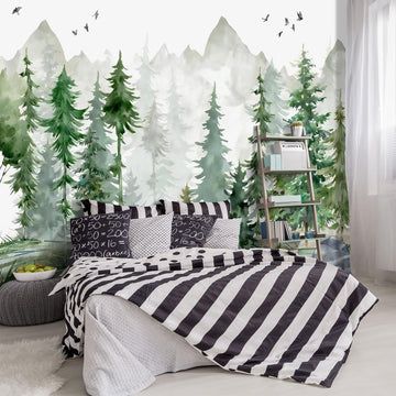 Green Cartoon Pine Forest Nursery Fabric Wallpaper for Boys and Girls Children's Bedroom Living Room Woodland Plants