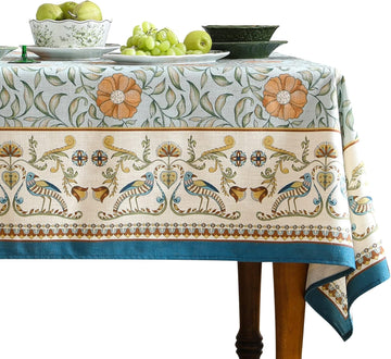 Designer French Linen Blue Tablecloth for Rectangle Table,Vintage Floral Table Cloth,Colorful Decoration Fall Cover