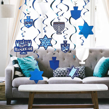 Hanukkah Swirl Decorations, Includes 12 Swirls with Foil Hanukkah Cutouts 24" and Swirls Alone Hang 18" Long (2-Pack) - Set of 2
