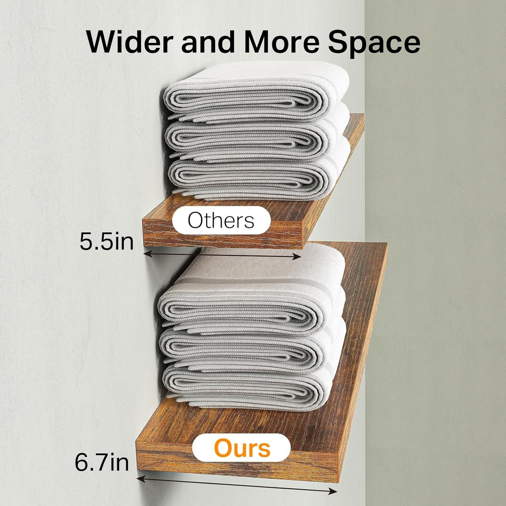 Rustic Brown Bathroom Floating Shelves, 15.7in, 3Pk, Wall Mount Shelf | 22lbs Max Load, Hidden Bracket, Bedroom