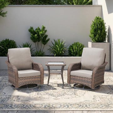 Patio Wicker Swivel Chairs -3 Piece Outdoor Swivel Rocking Chairs with Rattan Side Table, Ergonomic Design for Porch