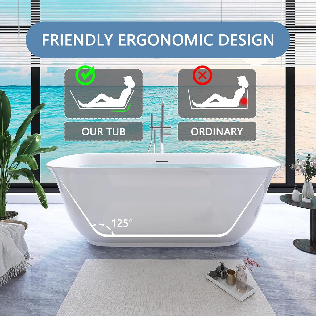 59" Free Standing Tub, Pure Acrylic Freestanding Bathtub, Stylish Stand Alone Contemporary Deep Soaking Bath Tub