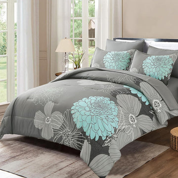 7 Pieces Bed in a Bag Floral Comforter Set Queen Flowers Bedding Set Soft Microfiber Boho Comforter Sets with 1
