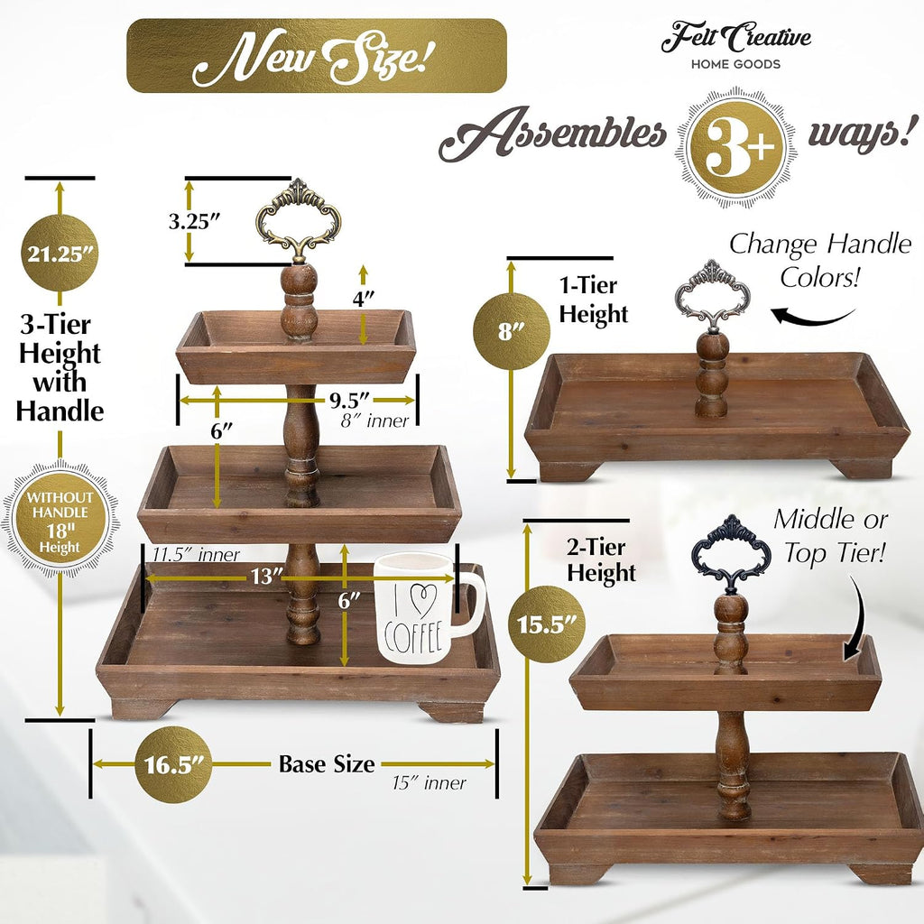 3 Tier Serving Tray [3 in 1] - Gorgeous Coffee Table Tray [Includes 3 Changeable Handles] - Can Assemble into a 1, 2