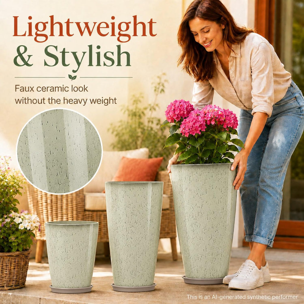 Set of 3 Tall Planter, 24/21/12in Large Planter, DripGlaze | Ceramic-Look, Lightweight, Built-in Drain Hole, Saucers