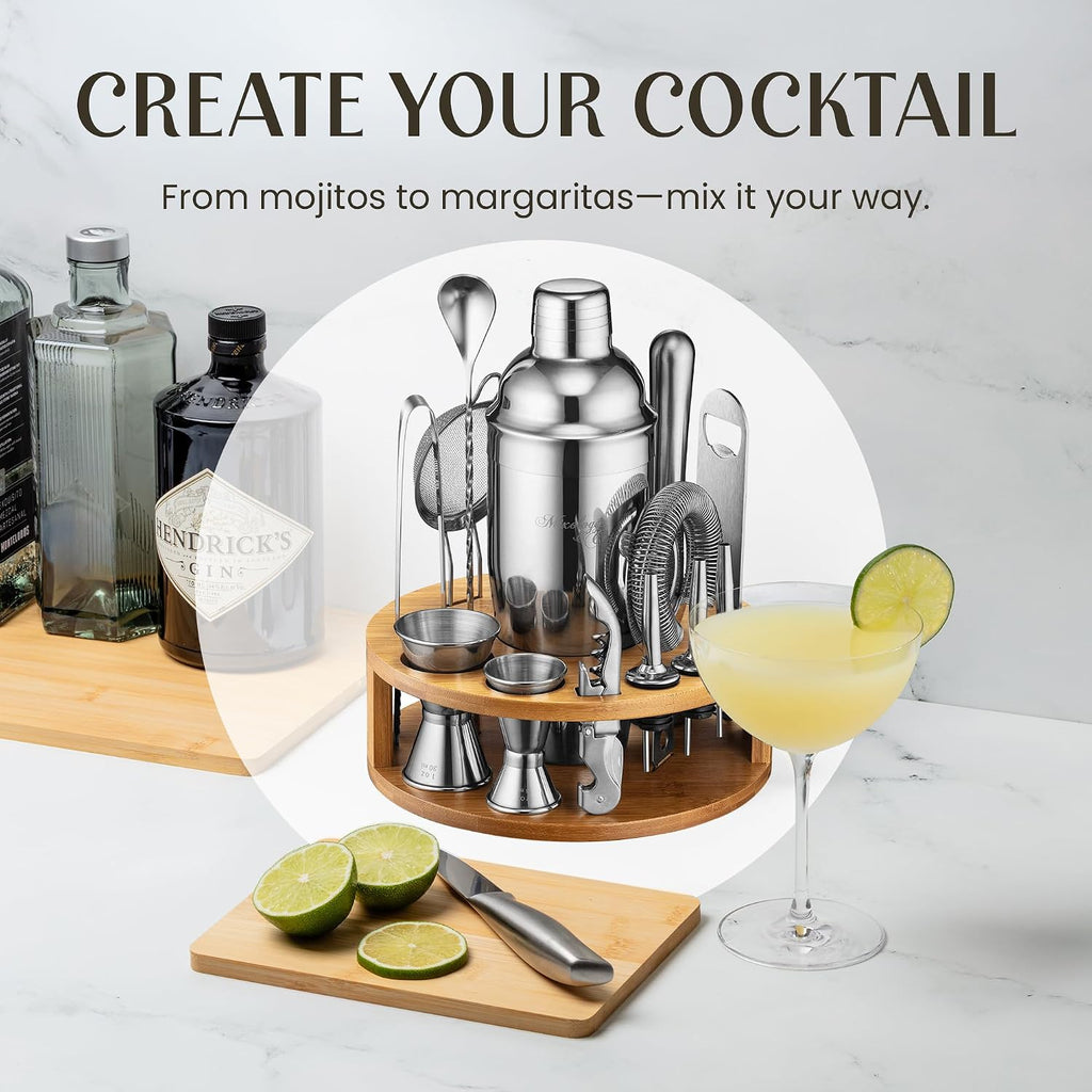 Bartender Kit - 15 Piece Cocktail Shaker Set with Bamboo Stand | Complete Cocktail Kit Gift Set | Top Bartender Gifts