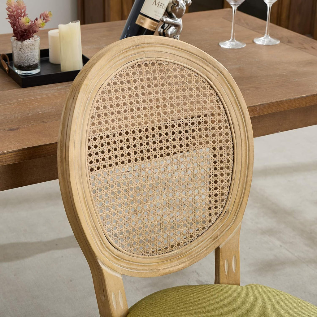 French Country Dining Chairs Set of 2, Farmhouse Rattan Dining Chairs with Round Back and Wood Legs for Kitchen or Bedroom, Olive Green