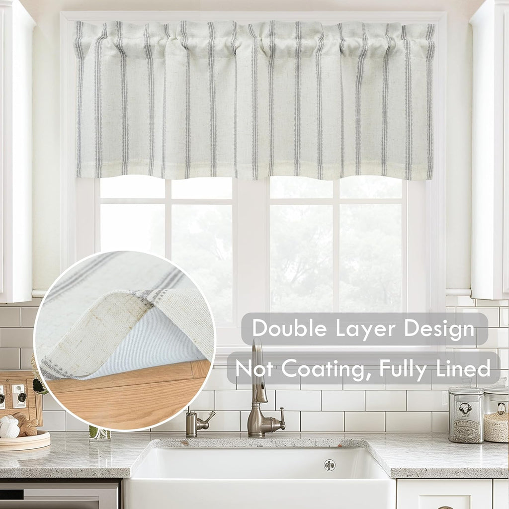Farmhouse Linen Lined Valance Double Layer Thermal Insulated Room Darkening Blackout Window Valances 3 Inch Rod