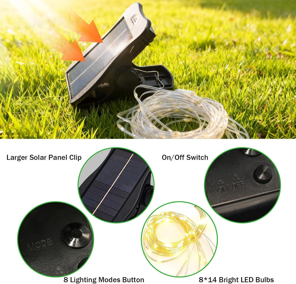 Solar Umbrella Lights, 8 Strands Patio Umbrella Lights Outdoor with 8 Modes 3V Solar Panel Clip 112 Led Outdoor
