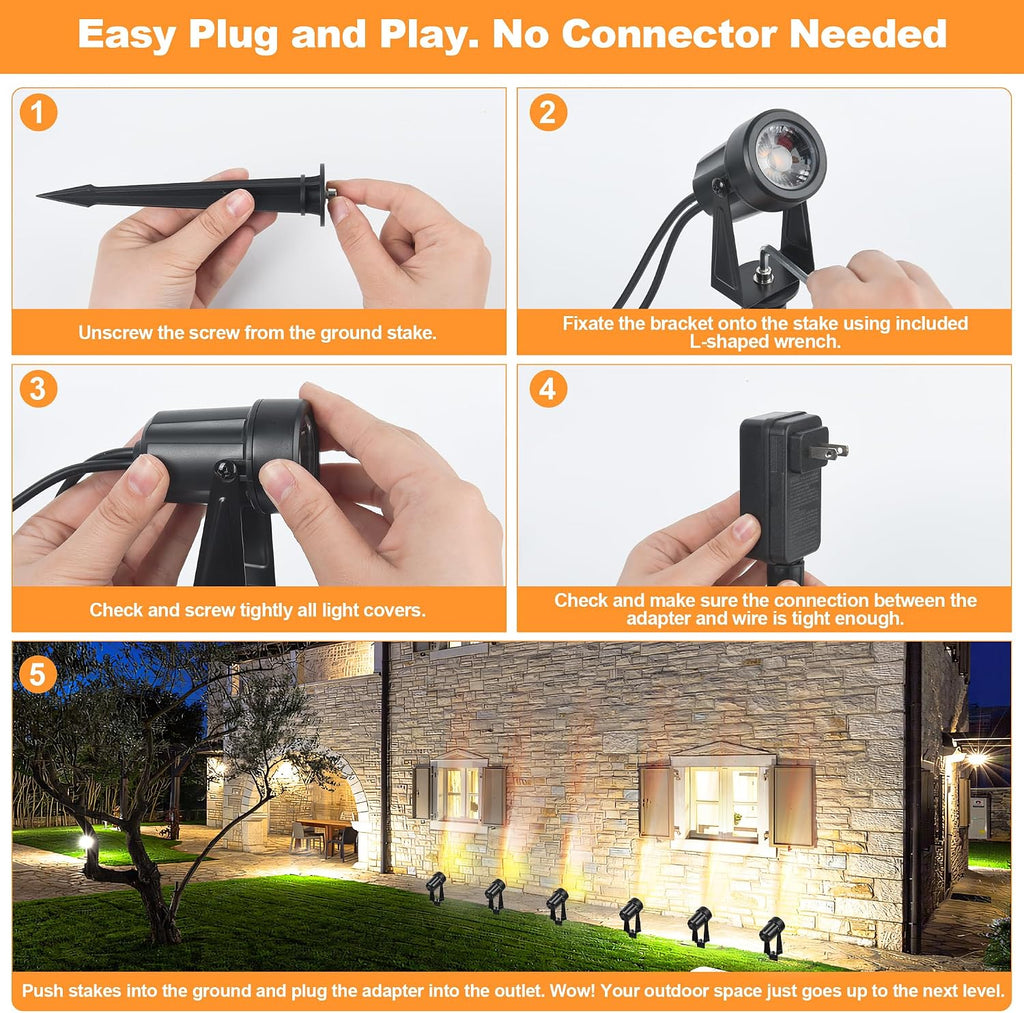 Outdoor Landscape lighting Low Voltage, 65.6FT Wired LED Spot light with Plug-in Transformer, IP65 Waterproof Outside