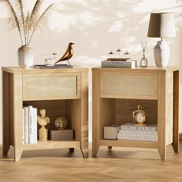 Boho Nightstands Set of 2, Farmhouse Night Stand Bedside Table with Drawer and Storage Shelf Rattan End Tables Side