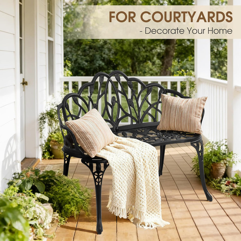Outdoor Bench, Cast Aluminum Double Seating with Backrest and Armrests, Mental Outdoor Furniture , Porch, Garden