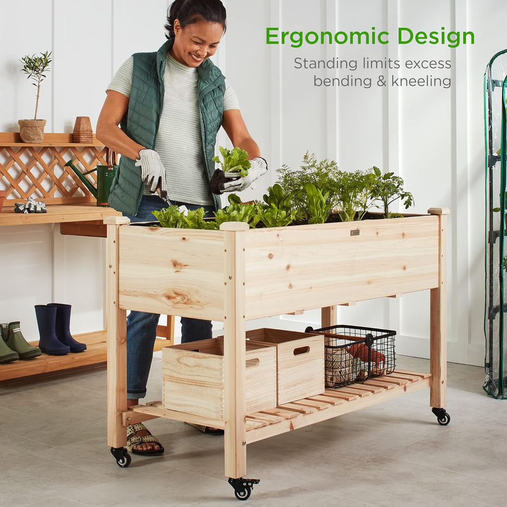 Best Choice Products Raised Garden Bed 48x24x32-inch Mobile Elevated Wood Planter w/Lockable Wheels, Storage Shelf