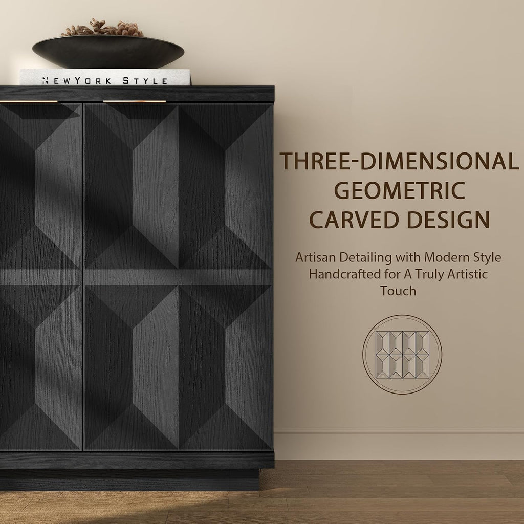 59" Black Sideboard Buffet Cabinet with Storage, Modern Credenza | 3D Geometric Pattern Doors, Adjustable Shelves