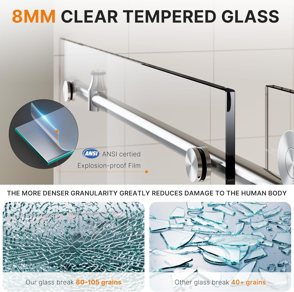 Frameless Shower Door, 44-48" W x 76" H Sliding Shower Door - 5/16"(8mm) SGCC Tempered Glass - Silent Soft-Close