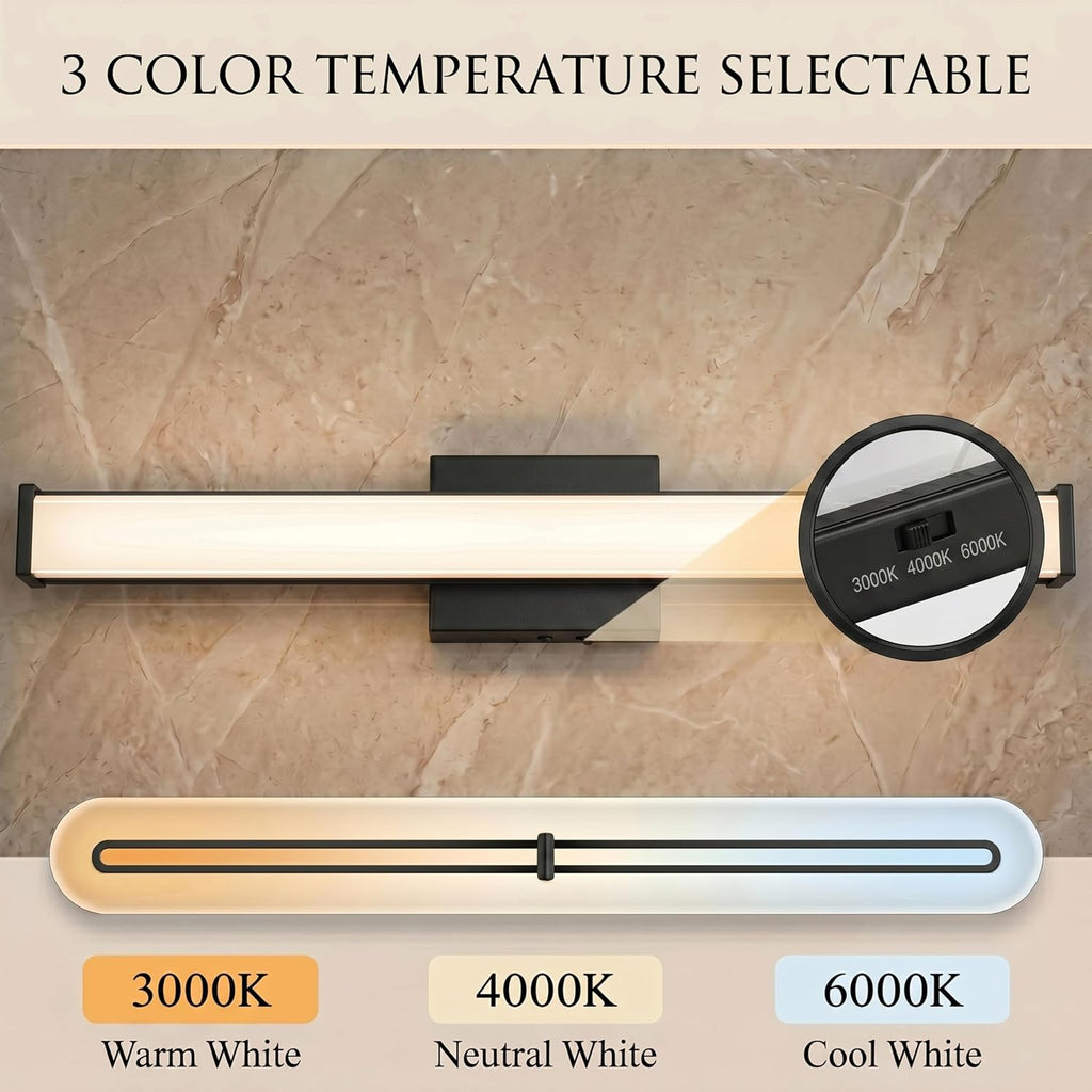 24" Modern LED Bathroom Light Fixtures, Matte Black 3CCT Dimmable Bathroom Vanity Light Over Mirror, Bathroom Vanity
