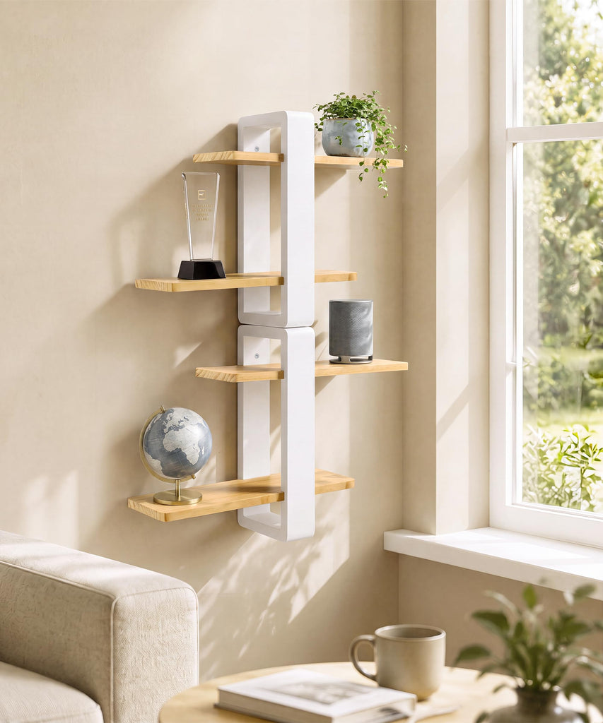 Floating Shelves for Wall White Wood, 2 Tier Adjustable Shelf Unit