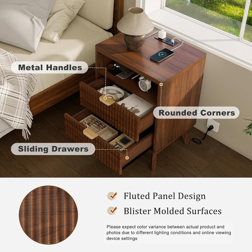 Fluted Nightstand with Charging Station, 19.7 inch Wide End Table with 2 Drawers, Modern Wood Bedside Table ,Brown,1