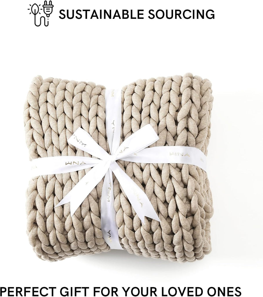 Chunky Throw Blanket, Medium-Weight, Hand Knitted, Skin Friendly, Ventilated and Breathable, Machine Washable, Home