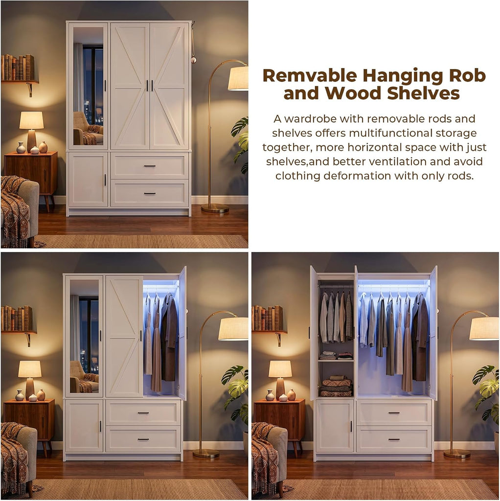 Wooden Wardrobe Closet Armoire with 3 Doors, White Storage Cabinet with Mirror and Led Lights, Bedroom Large Capacity