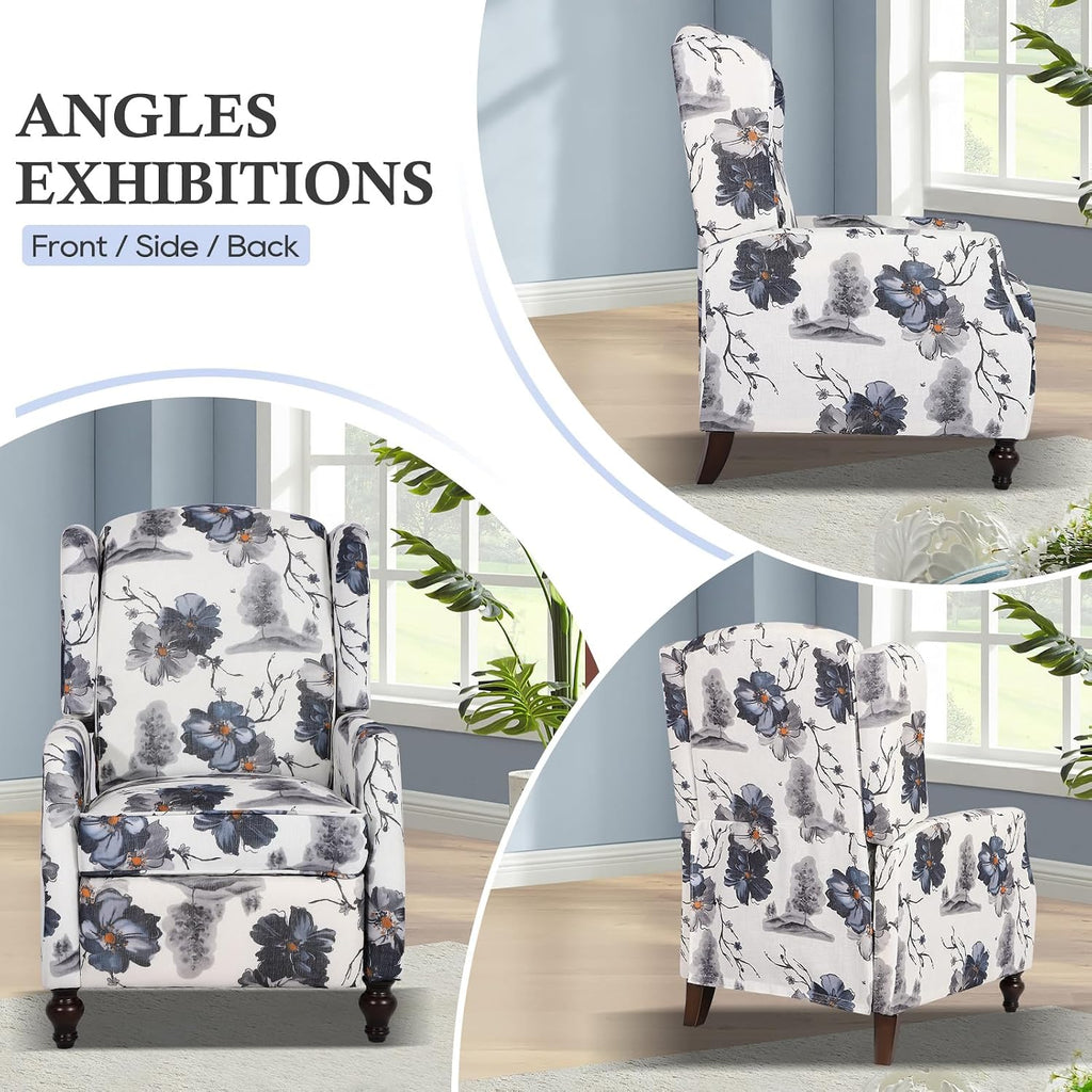 Wingback Recliner Chair - Tufted Arm Chair Recliner - Fabric Push Back Single Sofa Adjustable Backrest (Blue Floral)