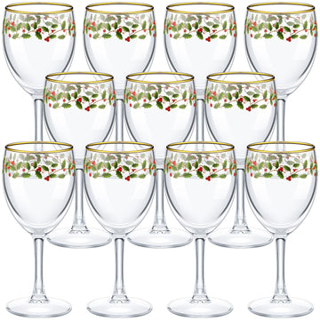 12 Pcs Christmas Wine Glasses, 6.8 oz Stemmed Goblets, Holly Berry