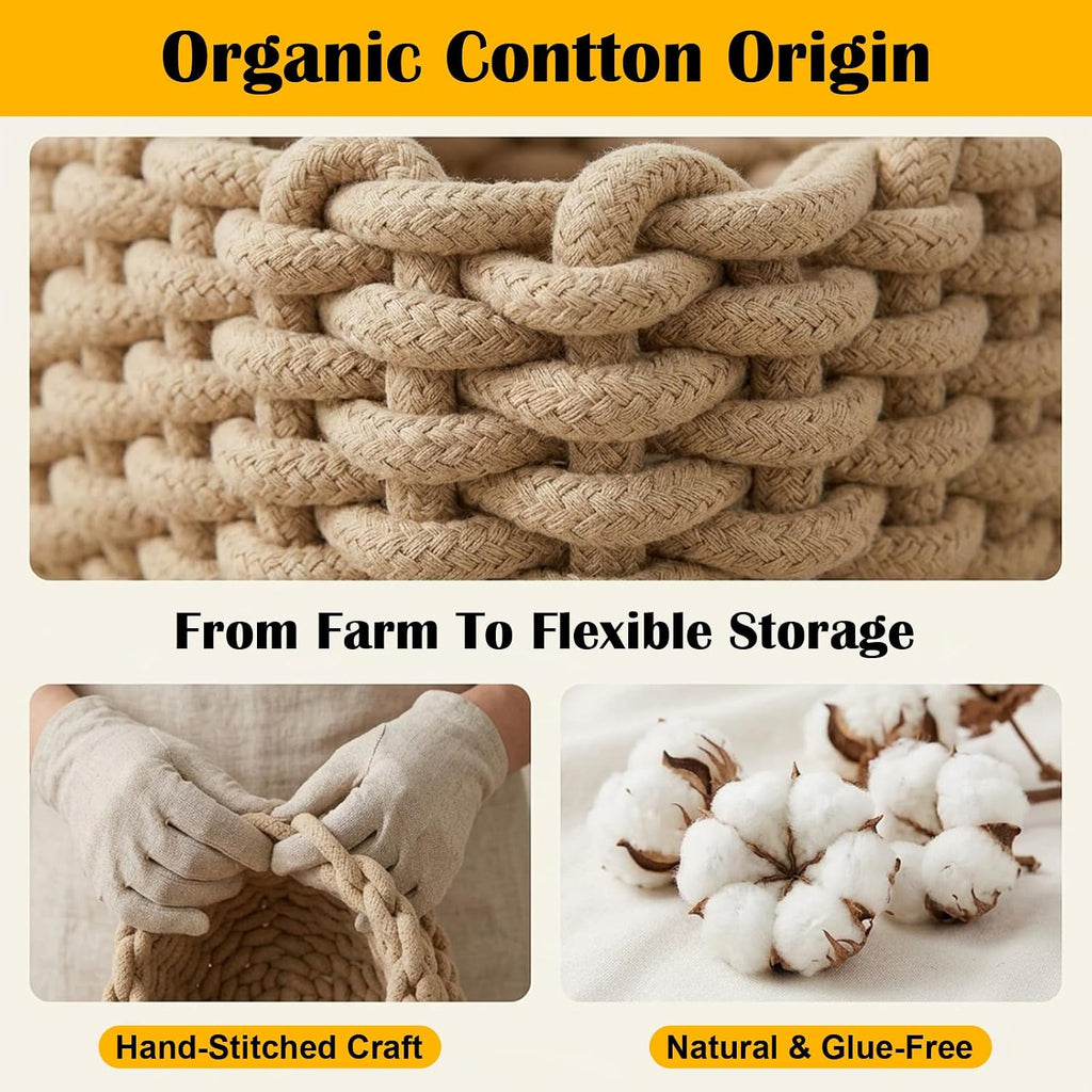 Small Woven Decorative Baskets, 4pcs Mini Cotton Rope Basket Set for Storage, Woven Square Baskets for Organizing
