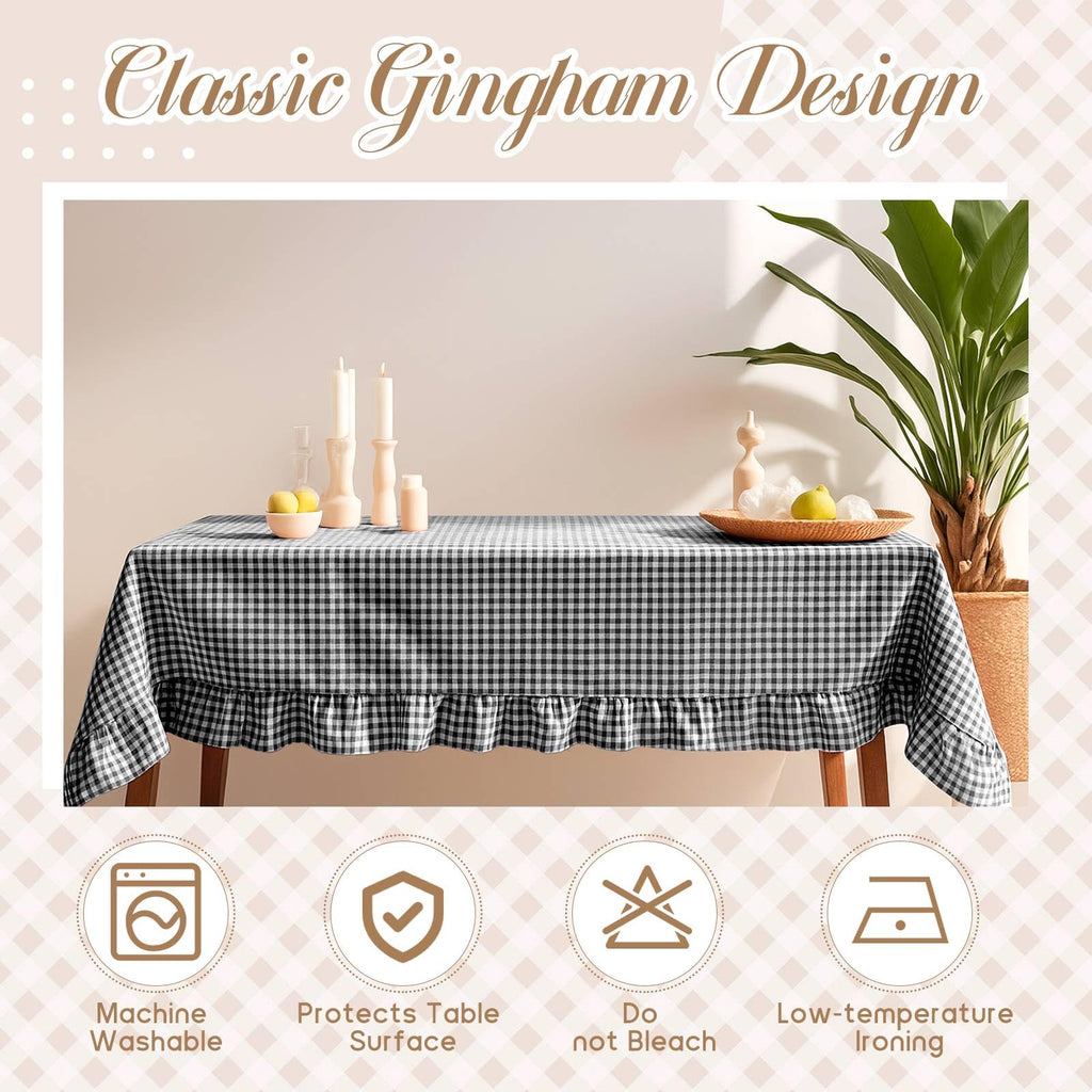 Black Gingham Ruffled Tablecloth, 60 x 120 Inches, Rectangle