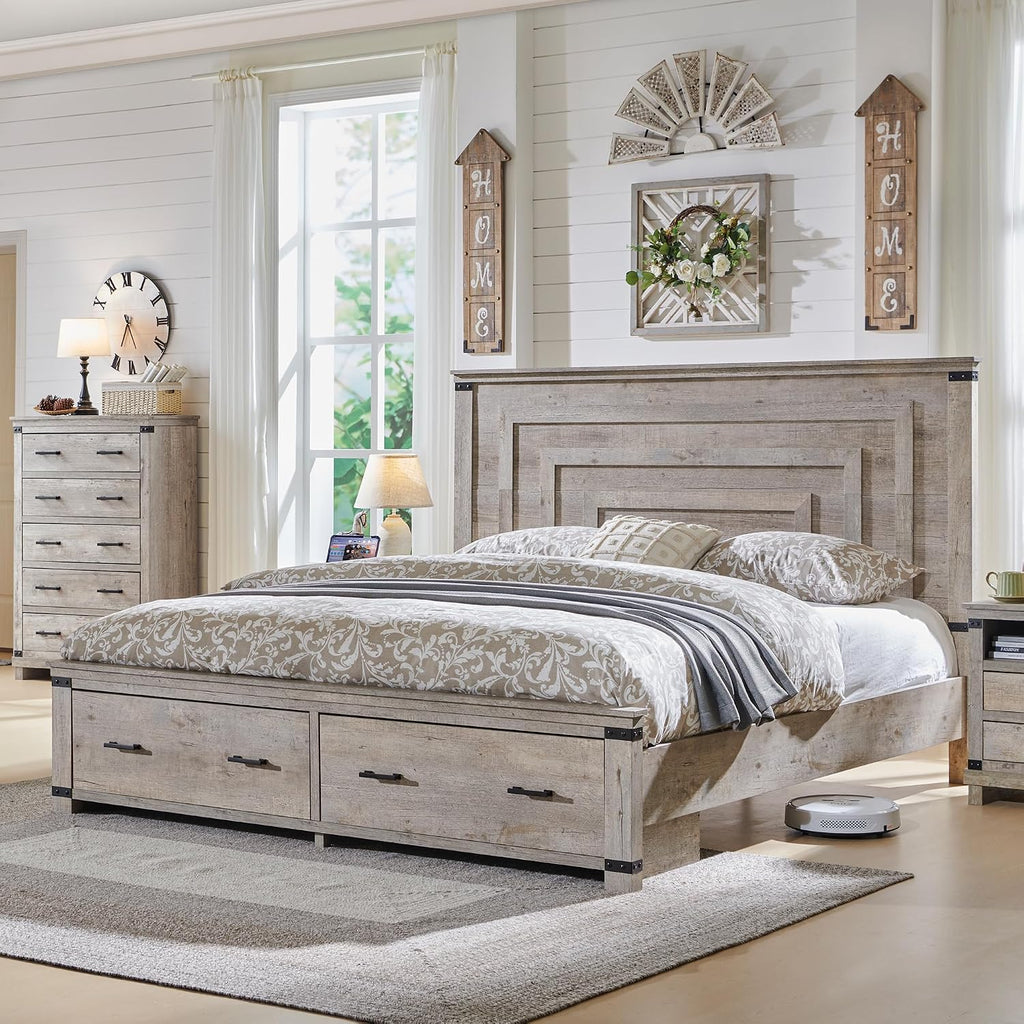 54" Tall Farmhouse Queen Wood Bed Frame with Headboard, Light Rustic Oak