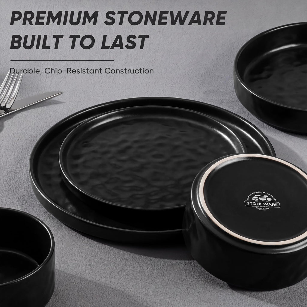 Black Plates and Bowls Sets, 12-Piece Stoneware Dinnerware Set for 4