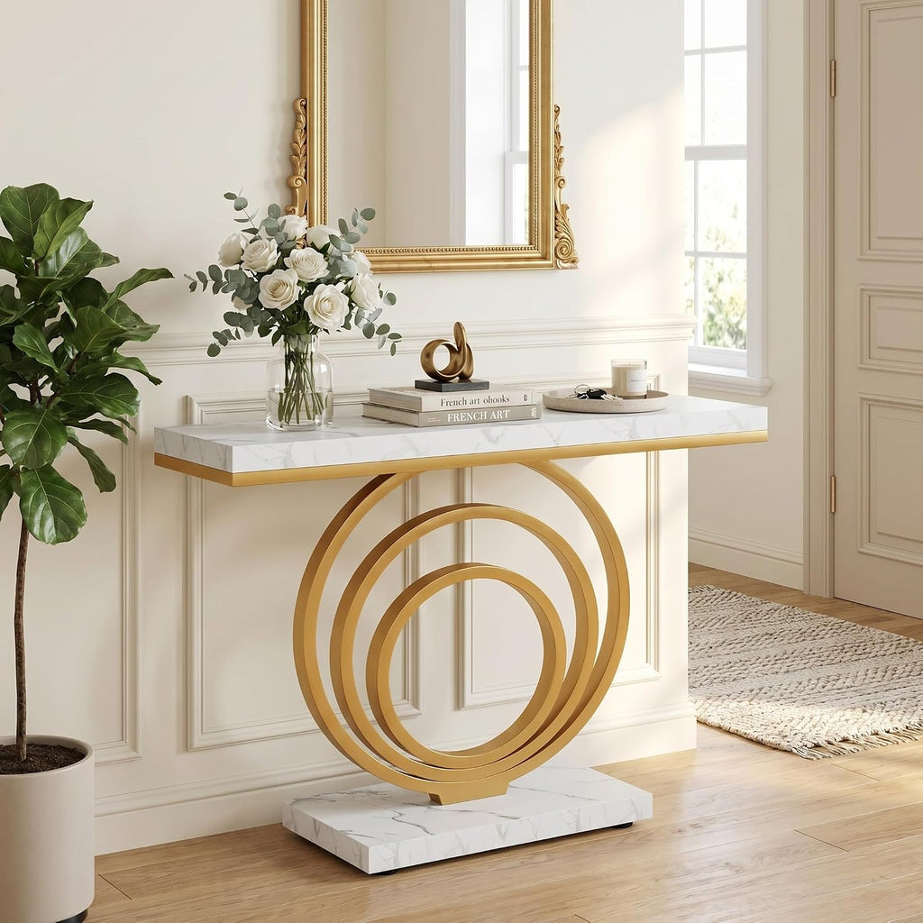 41-Inch Gold Entryway Table, Modern Console Table Narrow Long, Contemporary Accent Table , Entrance, Faux Marble