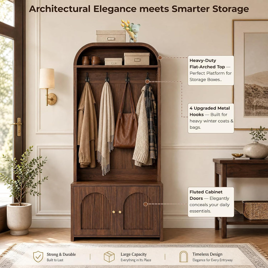 Narrow Entryway Hall Tree with Storage Bench, Modern Fluted Coat Rack and 2-Door Shoe Cabinet , Arched Mudroom