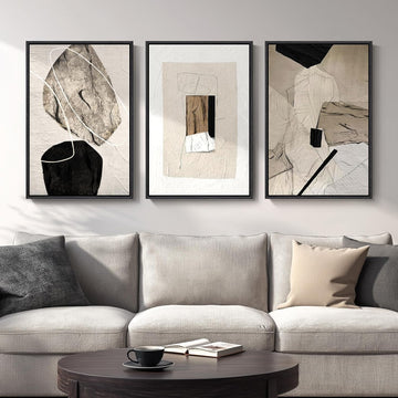 Large Framed Neutral Abstract Wall Art, 3 Piece Modern Canvas Prints Paintings Artwork for Walls, Minimalist Black