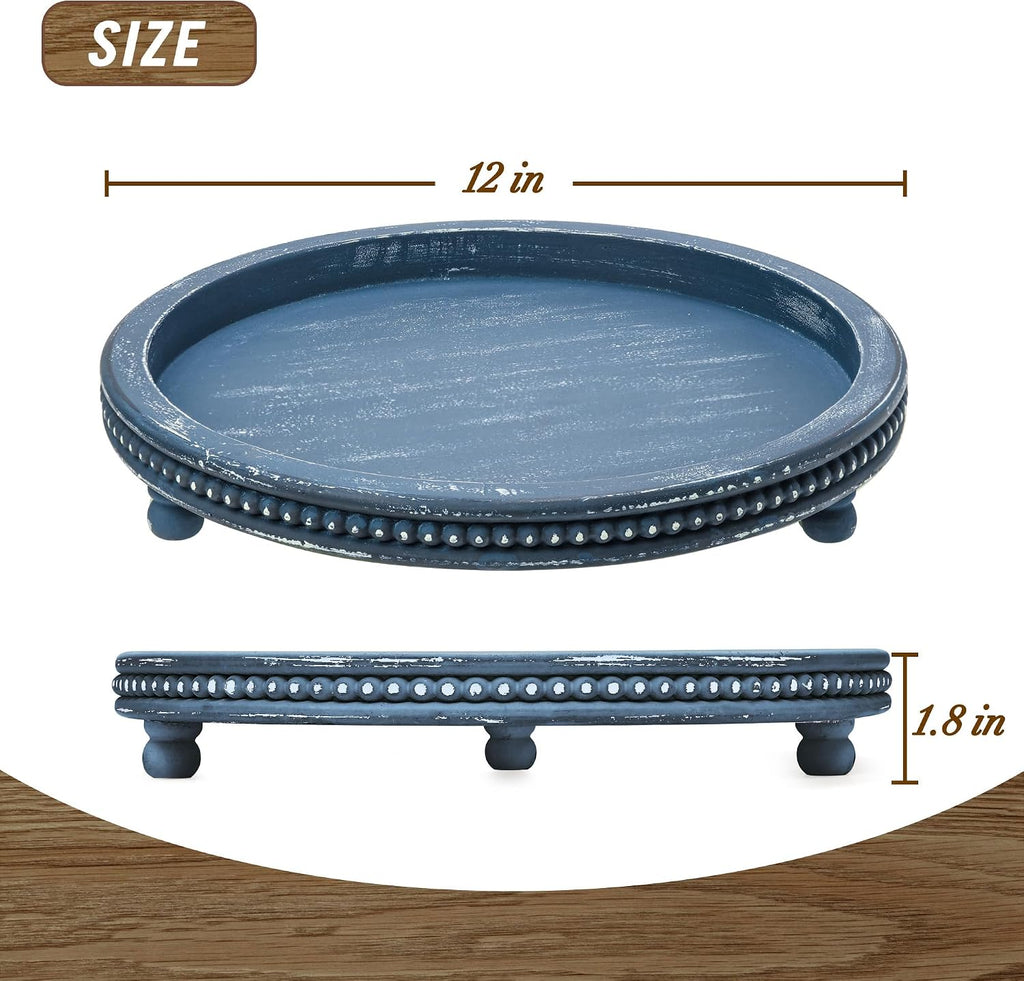 12 Inch Decorative Tray, Small Beaded Tray Coffee Table Decor, Blue Decorative Display Risers for Coffee Table