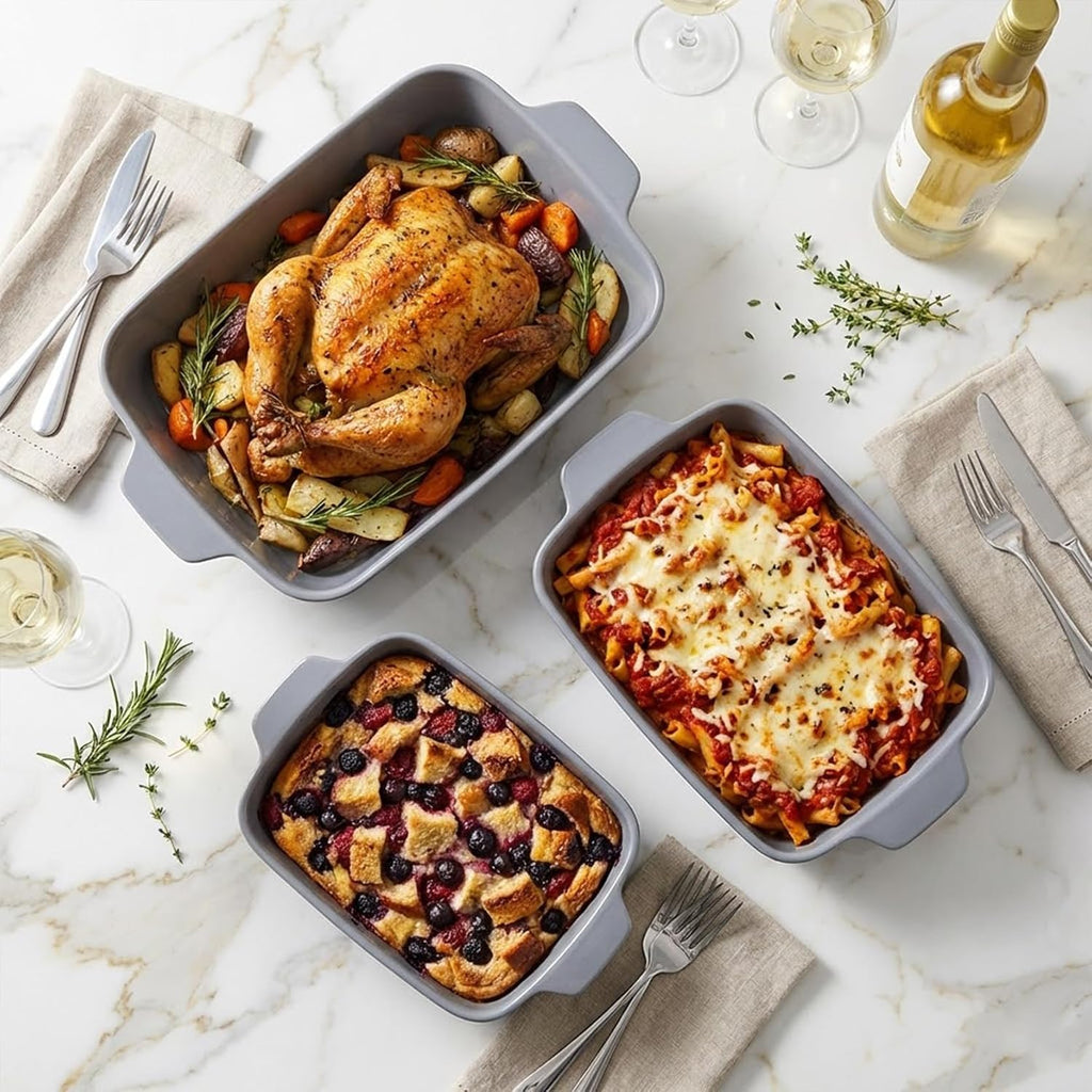 Ceramic Casserole Dishes for Oven Set of 3 Pcs Rectangular Bakeware Set with Handle for Steak Beef Pan Roast Chicken