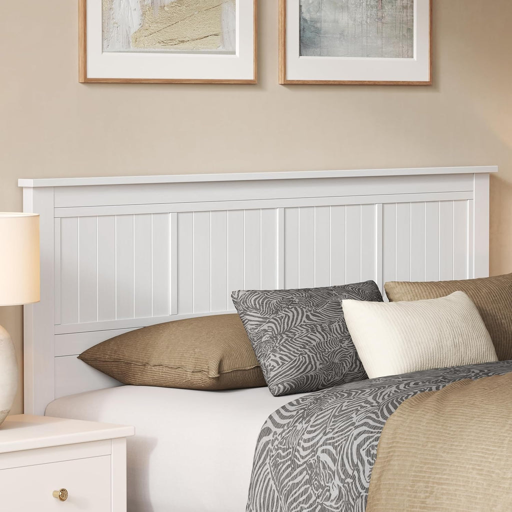 Serene Solid Wood Panel Headboard with Window-Pane Design, King, White, Easy Assembly, Quality Materials