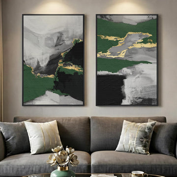Large Framed Green Abstract Wall Art, 2 Piece Modern Canvas Prints Paintings, Black and Gray Pictures with Gold