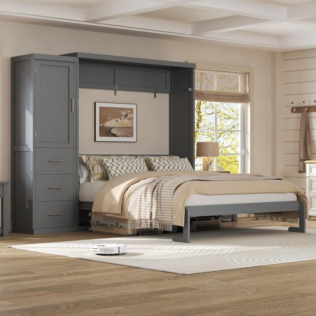 Queen Murphy Bed with Storage Wardrobe and Drawers,Solid Wood Farmhouse Murphy Wall Bed Cabinet with Drawers for Bedroom Office Guest Room,Foldable (Gray,Queen)