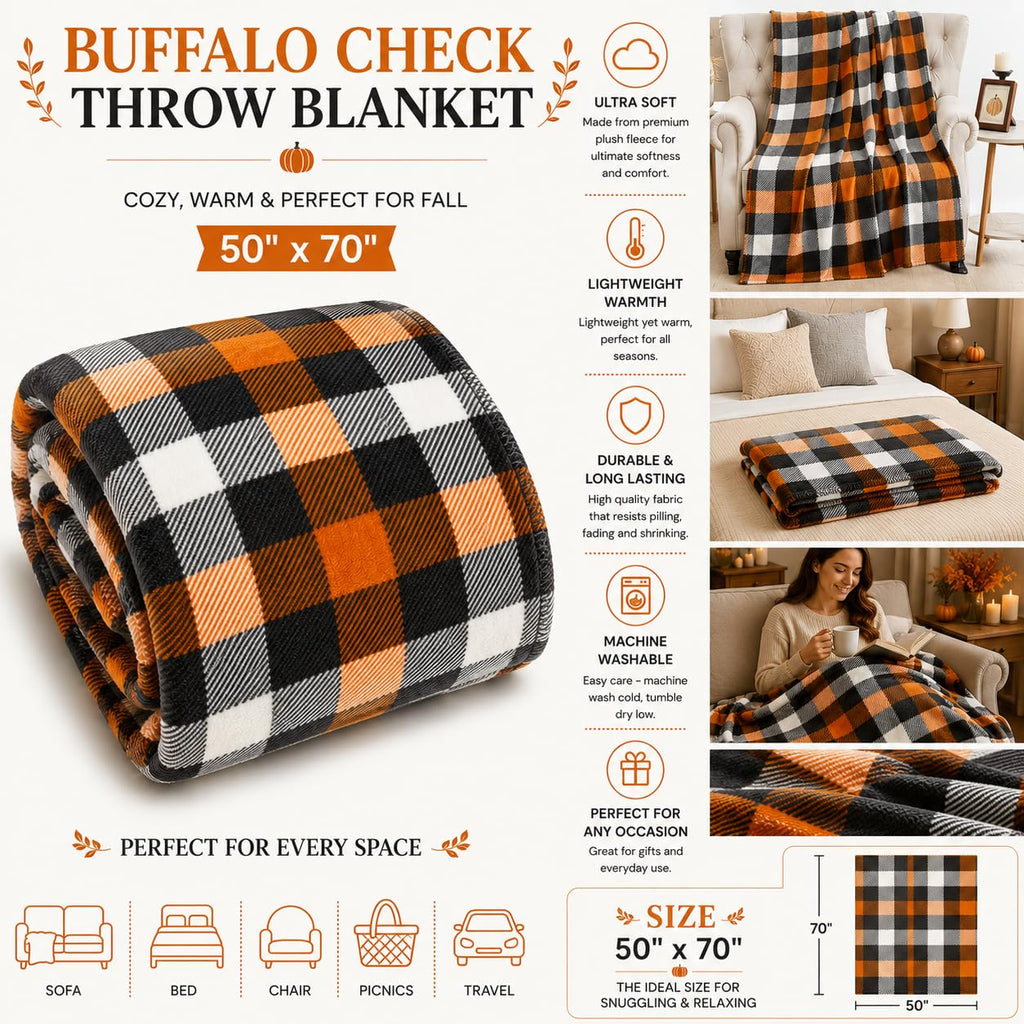 Fall Soft Fleece Throw Blanket, Orange Black White Plaid, 50x70 Oversized