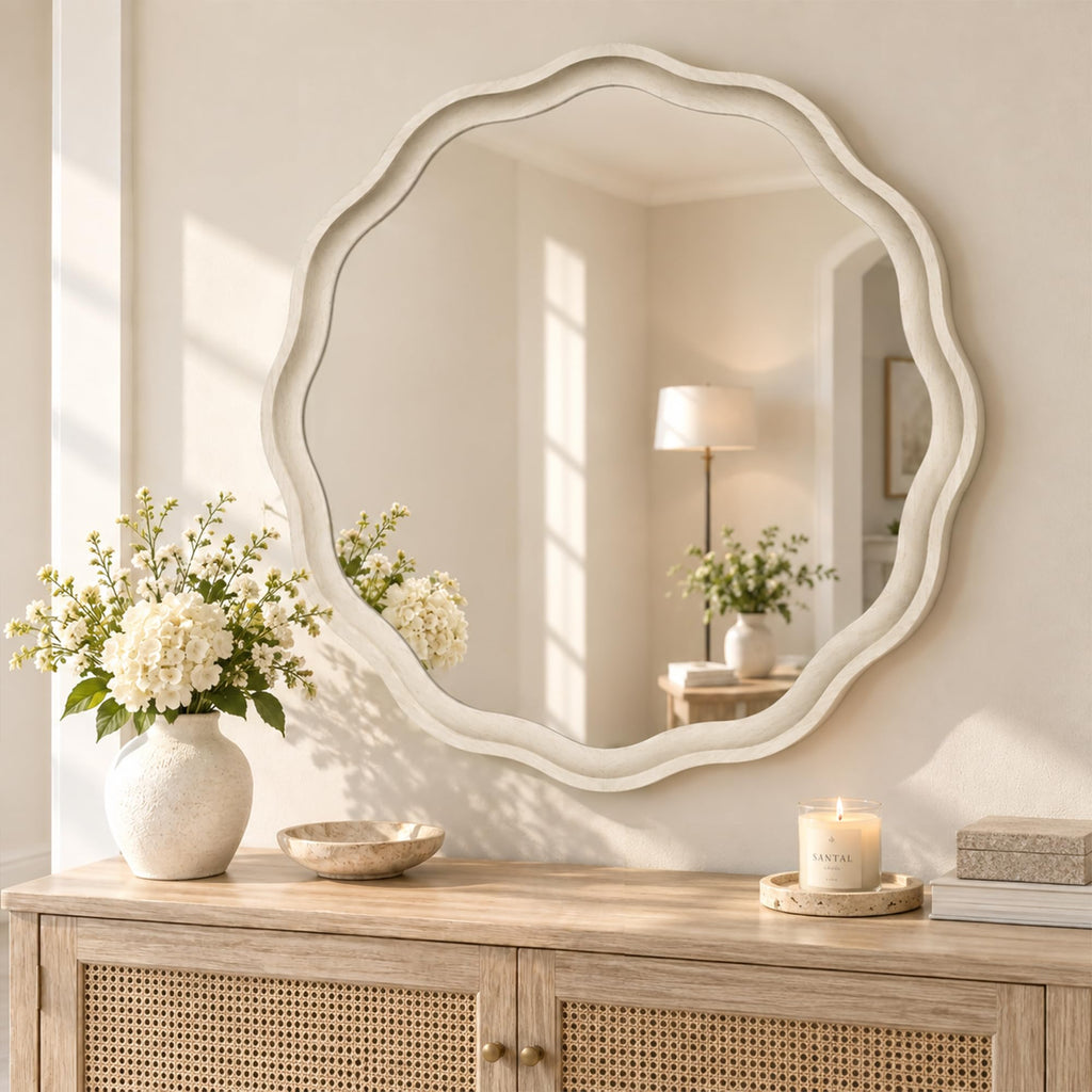 30 Inch Washed White Scalloped Round Bathroom Mirror, Wood Frame